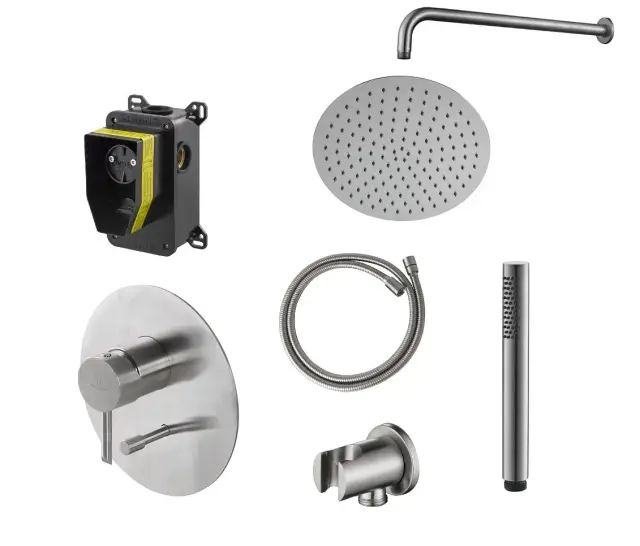 NOKEN PACK ROUND INOX Душевой комплект со смесителем и верхним душем Ø30 см, браш. нержавеющая сталь