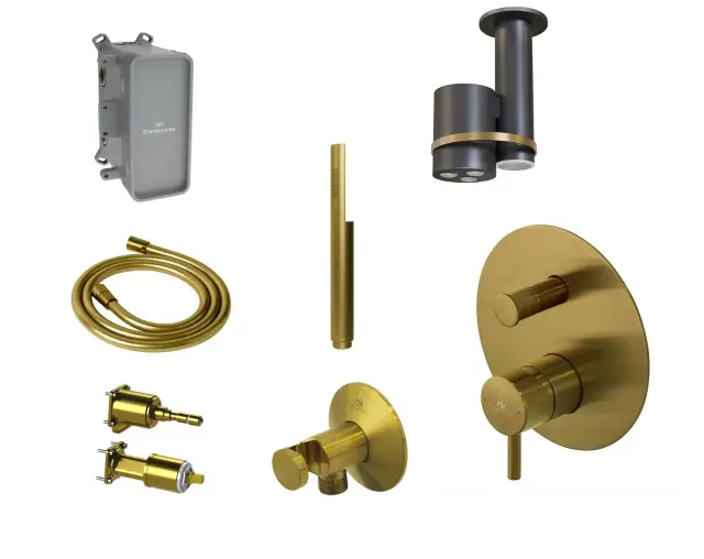 NOKEN PACK EYE Душевой комплект со смесителем, потолочной лейкой с хромотерапией, браш. золото