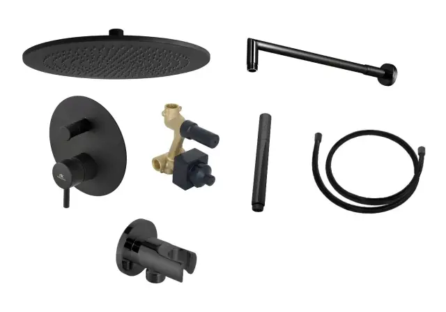 NOKEN PACK RONDO BLACK Душевой комплект с верхним душем Ø30 см, смесителем, черный