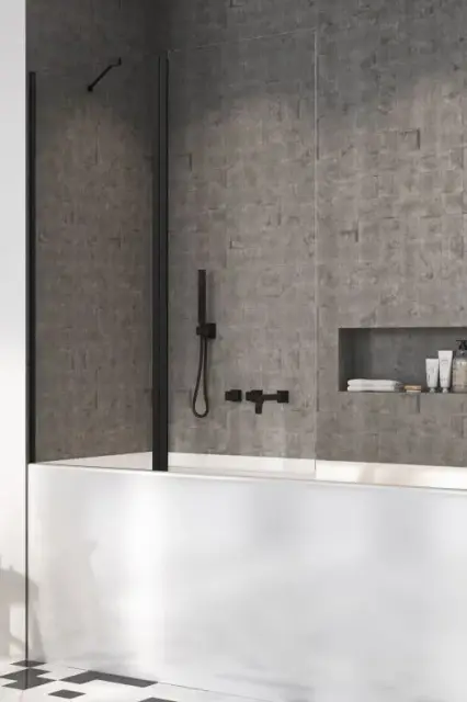 Radaway Nes PND II Шторка на ванну распашная, прозрачная 6 мм, Easy Clean 140х150h см, цвет: black 10009140-54-01L